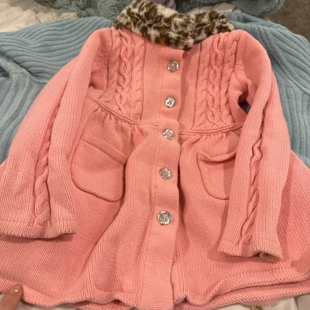 Gymboree Pink Knit Coat with Faux Leopard Trim
